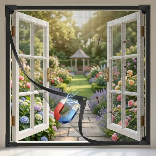 Magnetic Fly Screen Window Mesh, Adjustable DIY Fit Up to 130x150cm Cat Proof Window Screen with Fixed and Full Frame Magnetic Strip, Magnetic Indoor Cat Safety Netting Easy to Install