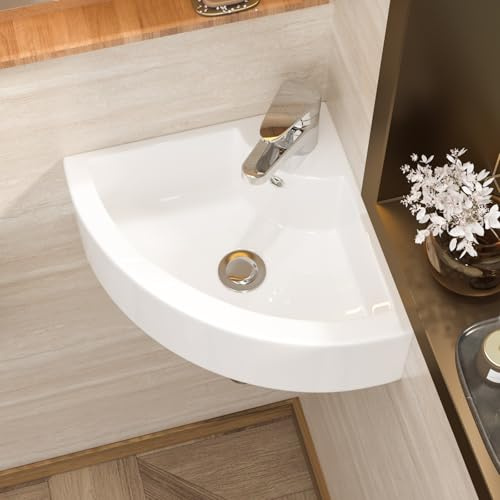 Wall Mount Bathroom Corner Basin Sink - Geworzi Cloakroom Basin, Corner Wall Hung Sink Hand Wash Basin, White Ceramic Bathroom Sinks Small Washbasin Modern Design for Cloakroom/WC/Toilet - 460x330x127