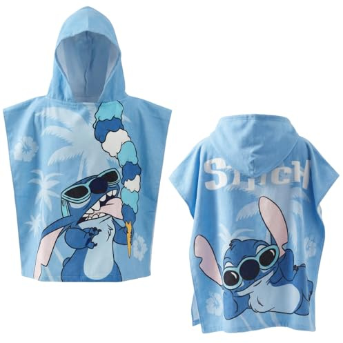 Aymax Disney Lilo & Stitch Kinder Mikrofaser Badeponcho/Badetuch mit Kapuze – Stitch – 55×110 cm – Strandponcho für Schwimmbad & Urlaub
