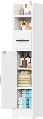 GoaHi Slim Bathroom Floor Storage Cabinet with Drawer Door and 2 Shelves, Freestanding Bathroom Storage Unit, Narrow Bathroom Toilet Paper Storage Cabinet, Adjustable Shelves, White