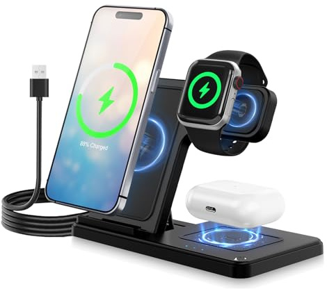3 in 1 Wireless Charging Station for iPhone, Wireless Charger Stand(Black) | Phone and Watch Charger for iPhone for Apple Watch, for Airpods Pro 4 3 2, for iPhone 17/16/15/14/13/12(No Plug Included)