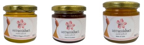 Accussìduci - Miele Grezzo di Sicilia Pack 3x250g Arancio, Sulla ed Eucalipto, Miele Artigianale Italiano Naturale, Senza Additivi, Ideale per Colazione, Dolci e Benessere
