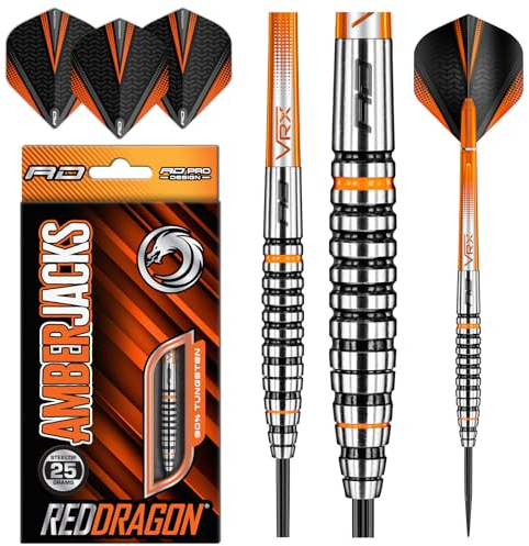 RED DRAGON Darts – Amberjack 14 Serie 25g Stahlspitze Dart-Set mit Dart Flüge und Dart Schäften