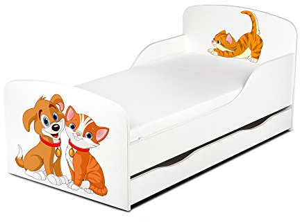 Leomark Einzelbett aus Holz - Katze und Hund - Kinderbett mit Schubladen für Bettwäsche, Stauraum, Holzbett mit Matratze + Lattenrost, Komplett Set, Liegefläche 70/140 cm, UV-Druck