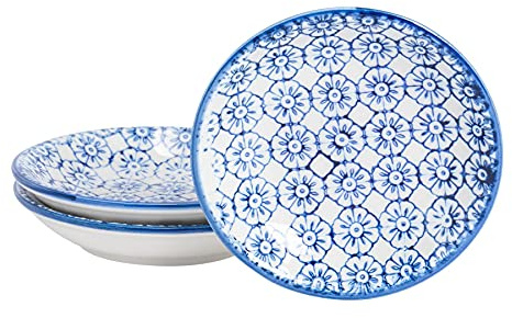 Nicola Spring Hand Printed Sauce Dishes - 10cm - Navy - Pack of 3 - Vintage Stoneware Dipping Bowls for Soy Sauce, Condiments, Chutney, Seasoning, Sushi, Tapas & Appetisers