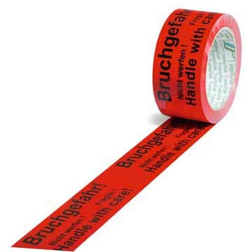PP-Warn-Klebeband, 50mm breitx66lfm, 52µ, rot, AufdruckBruchgefahr, Acrylatkleber, 120 Rollen