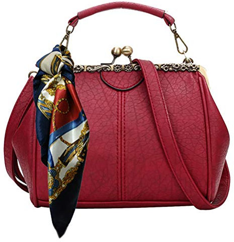 Puyang 20s 50s Vintage Kiss Lock Lychee Grain Handbag with Scarf (Red)