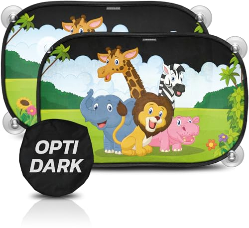 Parasol Coche con protección optidark - con Ventosa, para Proteger del Sol a bebés y Mascotas, 2 parasoles para bebé con Animales de Safari