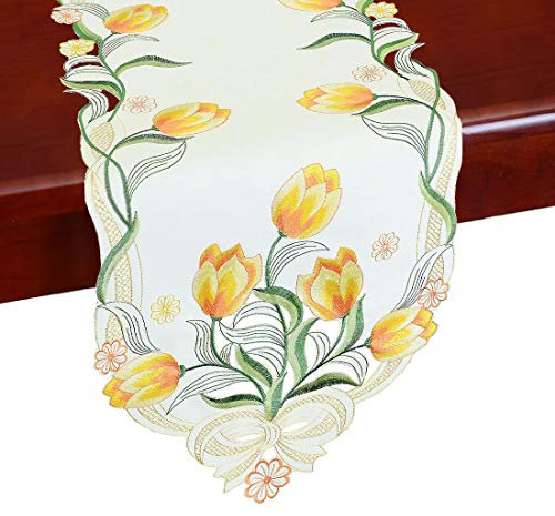 Simhomsen Kleine bestickte Tulpen-Tischläufer, Frühlingsblumen-Tischwäsche für Ostern (gelb, 33 × 89 cm)