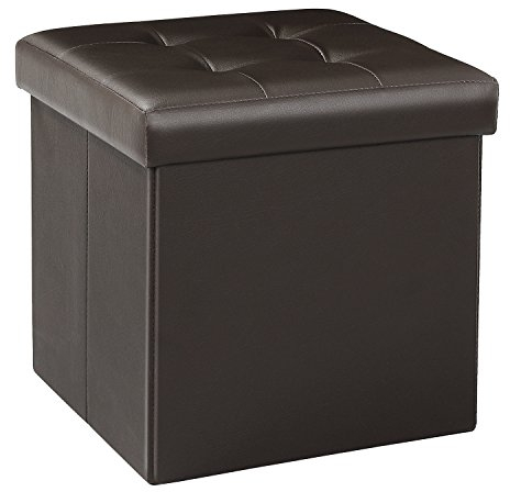 Bonlife Hocker mit Stauraum Falthocker mit Deckel, Ledergewebe Aufbewahrung Klein Pouf Hocker, Weicher Sitz, Aufklappbar mit Stauraum, Braun, 32 x 32 x 32cm