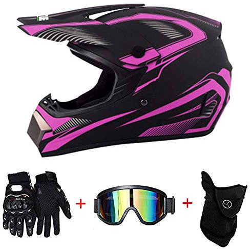 AKBOY Casque Motocross Set Casque Adulte Casque Cross Bicyclette VTT Bike Casque Intégral avec Gants/Lunettes/Masque, Rose/Rockstar, Moto VTT Integral Enduro ATV Scooter pour Homme Femme,S