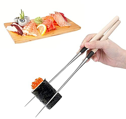 1 paire de baguettes réutilisables, baguettes de cuisine en acier inoxydable baguettes de Sushi japonais avec manche en bois(L)