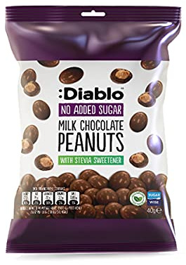 Diablo Milk Chocolate Peanuts - No Added Sugar, Sweetened with Stevia - Individually Packed Bags, Chocolate Covered Nuts Hamper Basket Available - Perfect for Gifting - Peanut - 40g, Pack of 1