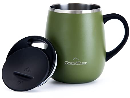 GRANDTIES Insulated Coffee Mug with Handle - Sliding Lid for Splash-Proof 16 oz Wine Glass Shape Thermal Tumbler with Double Walled Vacuum Stainless Steel to Keeps Beverages Hot or Cold - Olive Green