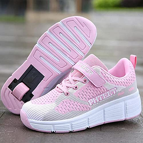 XRDSHY Schuhe Mit Rollen Rollschuhe 2-in-1 Multifunktionale Einstellbar Einzelrad Atmungsaktives Netz Outdoor Gymnastik Turnschuhe Kinder Mädchen Junge Erwachsene,Pink-34