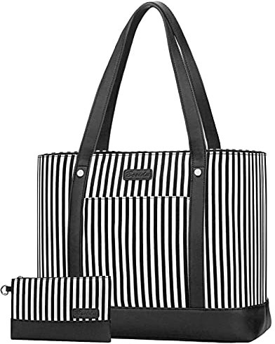 Laptop Tote Bag for Women, Water Resistant Canvas Womens Work Tote Bag, Large Capacity Shoulder Bag Fits 15.6 inches Laptop, Black, L,