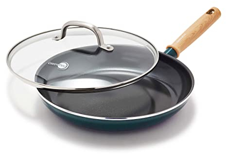 Greenpan Hudson Healthy Poêle à frire antiadhésive en céramique de 28 cm avec couvercle, poignée inspirée du bois vintage, sans PFAS, passe au lave-vaisselle, vert forêt