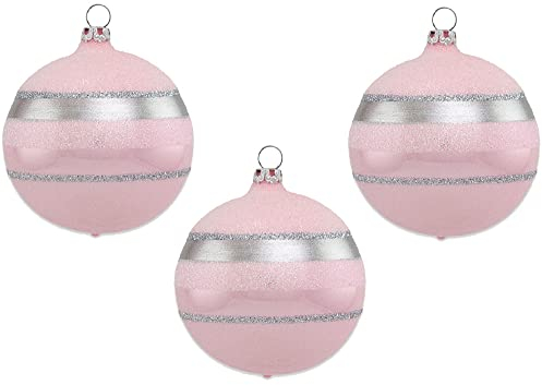 Thüringer Glasdesign Weihnachtsbaumkugel Ø 8 cm (3 Stück) - Glitterstreifen Rosa Opal
