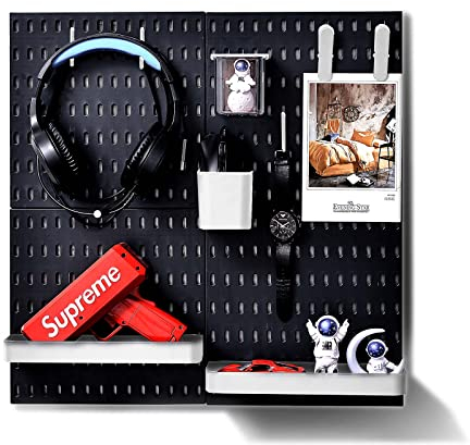 L'essentiel Home and Office Wall Organiser Pegboard 56 * 56cm Black Complete Set (4 Tiles of 28 * 28cm) and Accessories - White or Black (Black/White, 4 panels set)