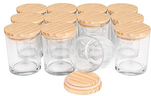 (12 Stück) 170 ml dicke Glasdosen mit Holzdeckel, transparente leere Gläser für die Herstellung von Kerzen, Gewürzgläsern, Probenbehältern – spülmaschinenfest