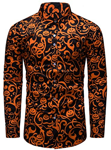 fohemr Mens Halloween Shirts Ugly Pumpkin Print Long Sleeve Button Down Casual Jack-O-Lantern Costume Dress Shirt Theme Party Black Medium