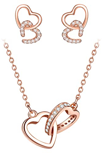 CPSLOVE Collana e Orecchini Cuore in Oro rosa da Donna, Parure di Gioielli in Argento 925, Eleganti Collane Ciondolo di Cuore, Orecchini a Doppio Cuore, Zircone intarsiato