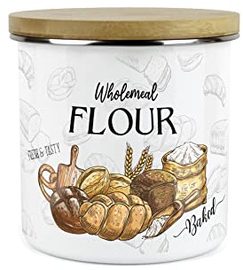 Purely Home Wholemeal Flour Storage Canister - The Bakery Range - White Metal Enamel Kitchen Food Pantry Jar