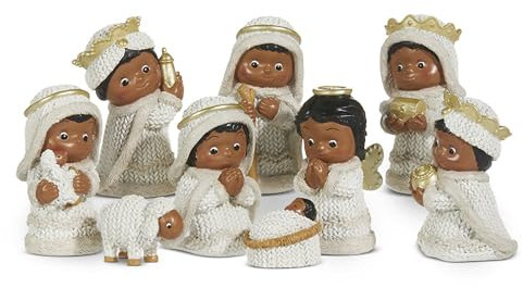 RAZ Imports Strick-Krippe, weiß und braun, 10,2 x 5,1 cm, Kunstharz, Sammlerstück, Weihnachtsfigur, Statue, Skulptur, Set mit 9 Stück