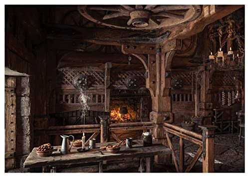 wandmotiv24 Fototapete Mittelalter Fantasy Kamin Raum, 300 x 210 cm - selbstklebende Vliestapete 150g, Wanddeko, Wandbild, Wandtapete, Wikinger Tisch Kerze Gasthaus M6889