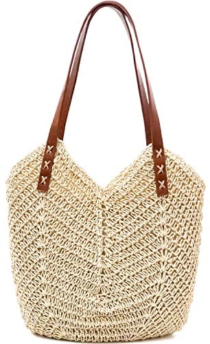 MAMUNU Grand sac en paille pour femme, sac en paille, sac à bandoulière avec fermeture éclair, sac de plage d'été pour femme, sac à bandoulière tissé à la main, voyage, vacances, plage, beige, L