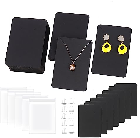 Swpeet Assortiment de 300 cartes de présentation pour boucles d'oreilles, 100 cartes carrées de 8,9 x 6,1 cm avec 100 fermoirs en silicone et sacs auto-adhésifs pour boucles d'oreilles, colliers,