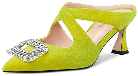 HEUIVZAR Donna Medio Chunky Blocco Tacco Heel a Punta Slingback Sandali Diamante Cristallo Feste Dress 6.5 CM Heels Verde Lime Scamosciato 37 EU