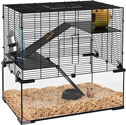 PawHut 3 Tiers Hamster Cage, Gerbil Cage with Deep Glass Bottom, Non-Slip Ramps, Platforms, Hut, Exercise Wheels, Water Bottle, Dish, for Syrian and Dwarf Hamster, 60 x 40 x 54.5cm