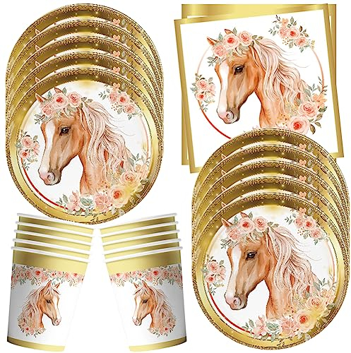 WIDEBG Vaisselle Chevaux Anniversaire Décorations Cheval Party Vaisselle de Fête d'anniversaire Assiettes Gobelets Serviettes Or Animaux Baby Shower