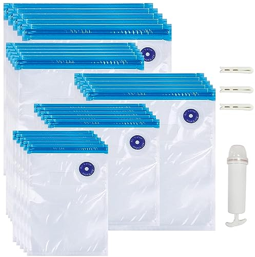 YOUNGSAY 20 Stk Vakuumbeutel für Lebensmittel, Bpa Frei Vakuumbeutel Lebensmittel Wiederverwendbar mit Handpumpe und Verschlussclip für Lebensmittelaufbewahrung und Vakuumgaren (5 Größe)