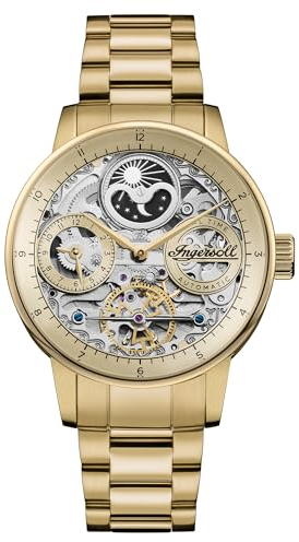 Ingersoll The Jazz 42 mm automatische Mondphasenuhr für Herren mit Skelettzifferblatt und goldenem Edelstahlarmband