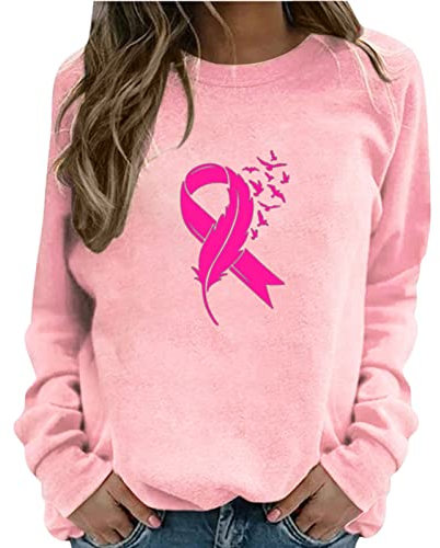 2023 Pull Femme Cancer du Sein d'Octobre Sweatshirt Col Rond Imprimé Manches Longues Haut Automne Hiver Ample Casual Grande Taille Pull Femme Sans Capuche Rose Ruba T-Shirt Décontractée Pas Cher