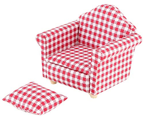 Dilwe 1/12 Miniatur-Einzelsofa Puppenhaus-Sessel mit Kissen Mini-Holzmöbel Handgefertigtes Bastelzubehör für Puppenhaus (Rot)