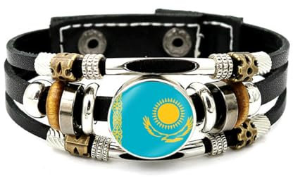 ALTCIRNMD Armbänder Mit Flagge Der Republik Kasachstan Für Männer – Flaggen-Armband,Punk-Glas-Cabochon-Druckknopf-Charm-Schmuck,Armbänder Aus Schwarzem Lederstoff Für Frauen Und Männer,Patriot-Souve