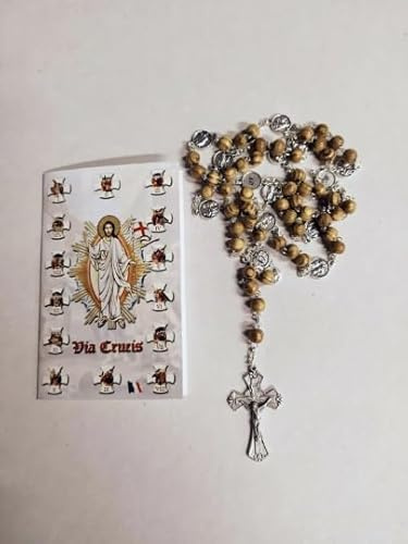 Generisch Generico ArteSacraCaravaggio Rosenkranz der Via Crucis aus Olivenholz 62,5 cm (24,60 Zoll) mit Anweisungen und Gebeten, italienische Handwerkskunst