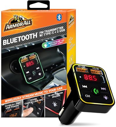 Armor All Bluetooth FM Transmitter for Car Cigarette Lighter, Hand Free Call with Built in Noise Canceling Microphone & Answer/Hang-up Button, 2 USB-A Ports, USB-C Port, Flash Drive Port, 8 LED Modes