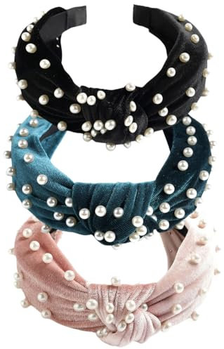 scicent Haarreif Samt 3 Stück Haarreif Samt Knoten Haarband Perle Haarreifen Damen Breit Haarschmuck für Geeignet Partys, Hochzeiten und Andere Festivals - 9832