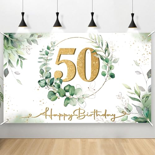 Decoración Pancarta Cumpleaños 50 Años Happy Birthday Verde Blanco Oro Photocall para Fiesta Cartel