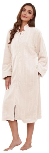 LYCY Damen Plüsch Bademantel, Fleece Mantel lang, Reißverschluss, Taschen | Plüsch Bademantel, Fleece, flauschig, warm, bequem, Langschnitt, Reißverschluss, Seitentaschen hautfreundlich, pflegeleicht