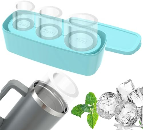Keyohome Ice Cube Tray for Stanleys Cup, Silicone Ice Cube with Lid and Box for Making 3 Hollow Cylinder Ice Cube Molds, Reusable Ice Cube Trays with Lid for 30-40 Oz Cups (Blue)
