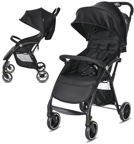 Lorelli Kinderwagen Fresh, Sport Buggy klein zusammenklappbar, nur 5,9kg, kompakter Sportsitz bis 22kg, Baby Reisebuggy mit Flaschenhalter, Einhand-Klappsystem, schwarz