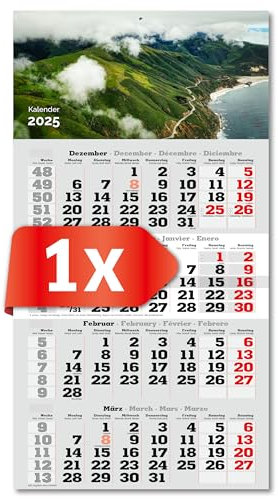 PRIMUS PRINT 4-Monats Einblockkalender 2025 - Wandkalender - Monatskalender mit Schieber - Blockkalender - inklusive Feiertagen - verschiedene Motive, verschiedene Sets - [ 1 x Grüne Berge ]