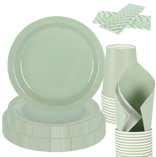 CEILIWEN Grüne Pappteller, Servietten, Becher, Set, 125-teiliges Salbeigrün, Partyzubehör, inklusive 22,9 cm Pappteller, 17,8 cm Dessertteller, Servietten, Tassen, Strohhalme, für 25 Gäste