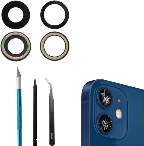 Lente de cámara trasera 12/12Mini de repuesto para iPhone 12/iPhone 12 Mini cámara trasera de vidrio de repuesto con adhesivo preinstalado y kit de herramientas de reparación, antiarañazos de lente