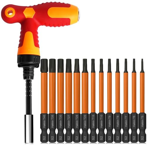 Torx Bit Set Hakkin Torx Screwdriver Sets 75mm Tamper Proof Torx Bits with T Ratchet Screwdriver S2 Steel 1/4” Hex Shank Magnetic Torx Screwdriver Bits for Power Impact Driver T5-T40